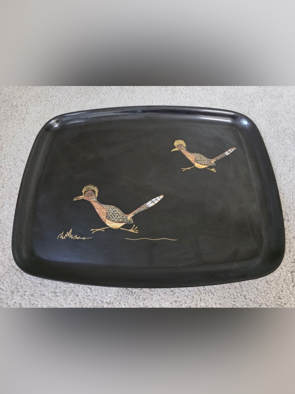 Vintage 1950s-60s Couroc Monterey Two Roadrunners Inlaid Tray 12.5" MCM